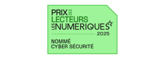 A white and black badge for the 2025 Prix des Lecteurs Les Numériques nomination in the cybersecurity category.