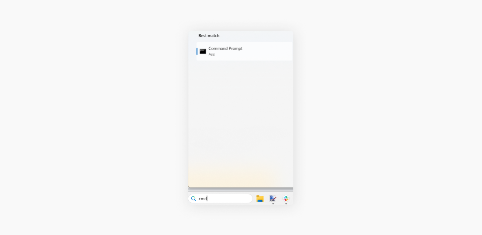 A screenshot showing cmd typed in the taskbar search, highlighting the Command Prompt app as the top search result.