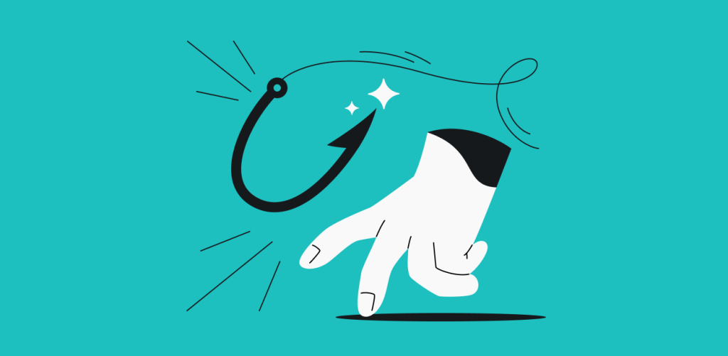 A hand walking on its fingers toward a phishing email hook.