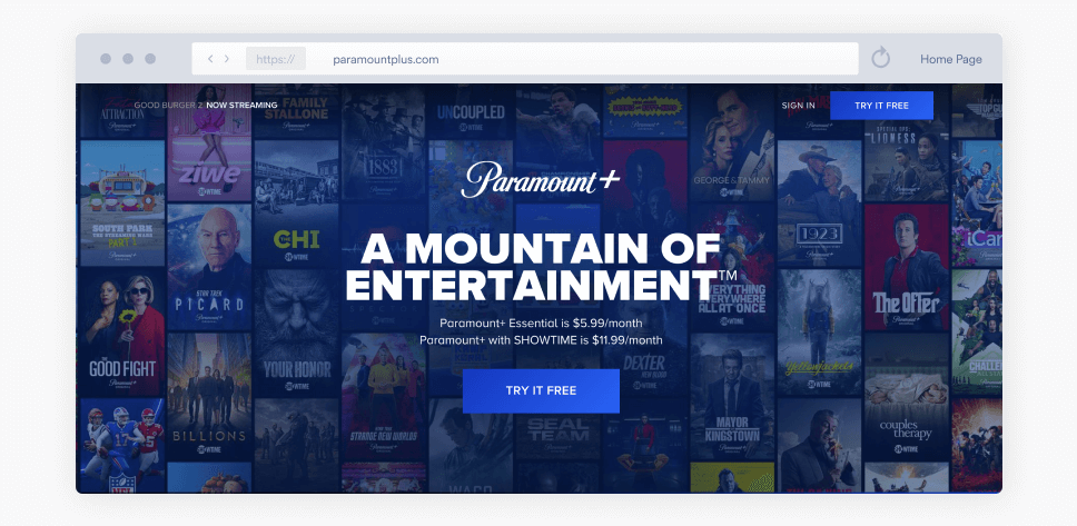 A screenshot of Paramount+ homepage