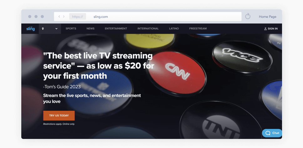 A screenshot of Sling TV homepage