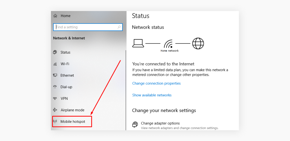 Mobile Hotspot selection on the menu