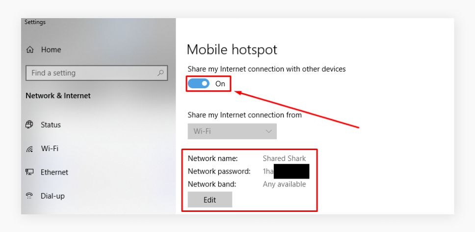 Mobile hotspot, and Network settings can be seen