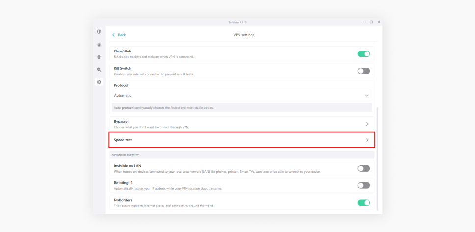 VPN settings menu showing Speed test button