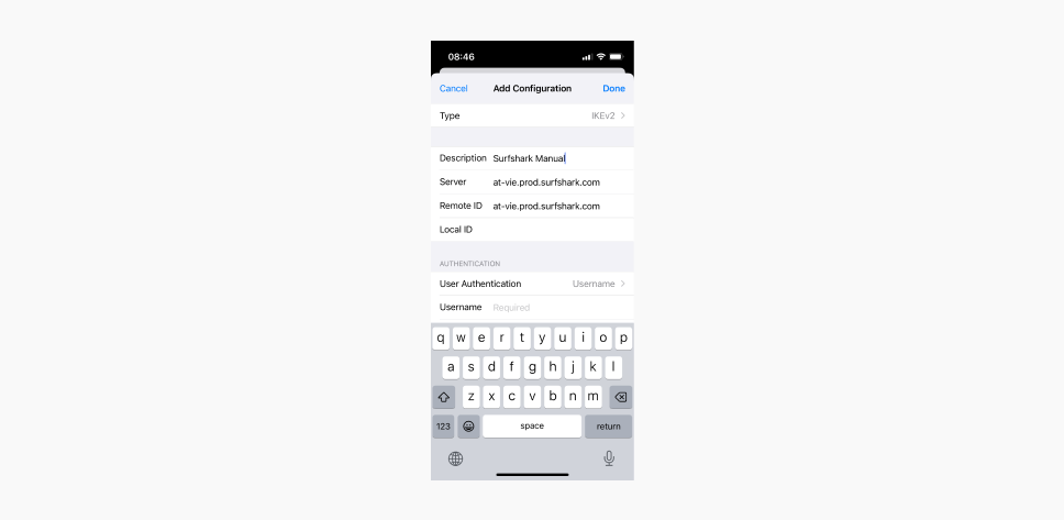 A screenshot of iPhone Settings showing how to add a VPN Configuration
