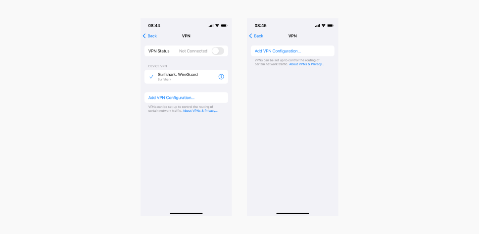Two screenshots of iPhone Settings showing the VPN settings under the VPN & Device Management tab