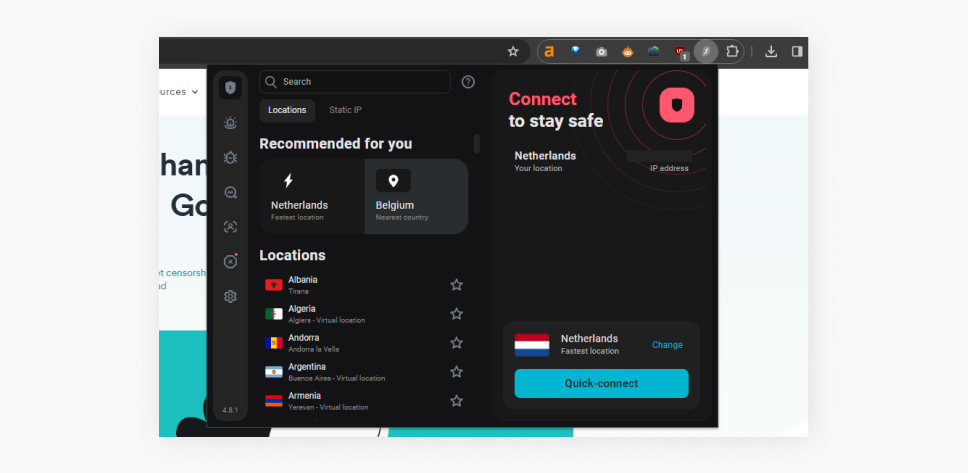 A screenshot of a Chrome tab with an open Surfshark extension showing the VPN connection status and a list of locations