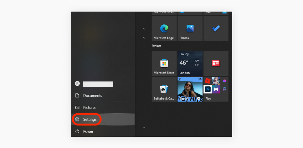 A screenshot of the highlighted Windows Settings option