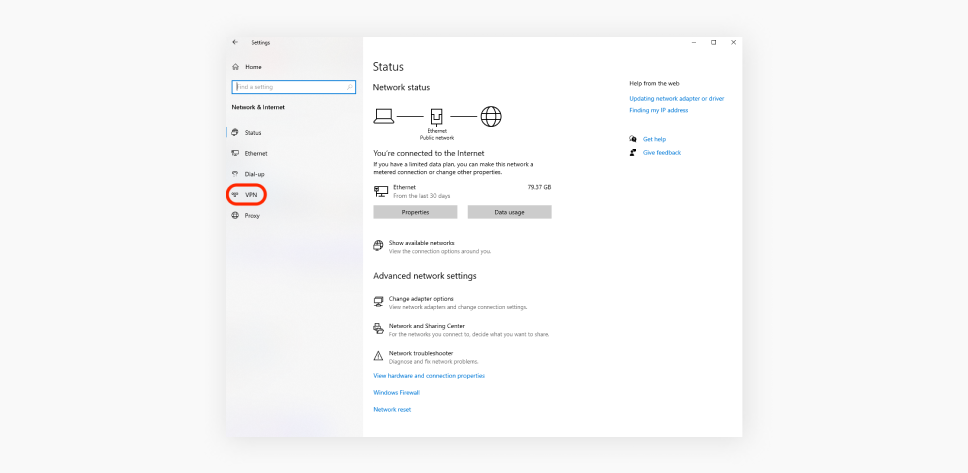 A screenshot of the highlighted VPN tab under Network & Internet.