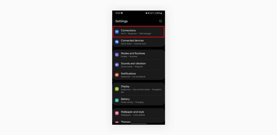 A screenshot showing an Android devices settings with Connections highlighted.