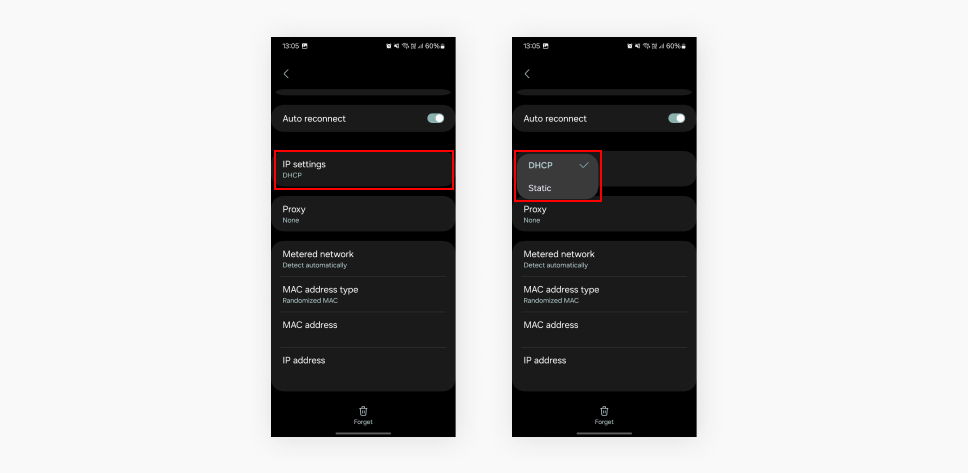 Two screenshots showing an Android devices WiFi settings with the text IP settings, DHCP, and Static highlighted.
