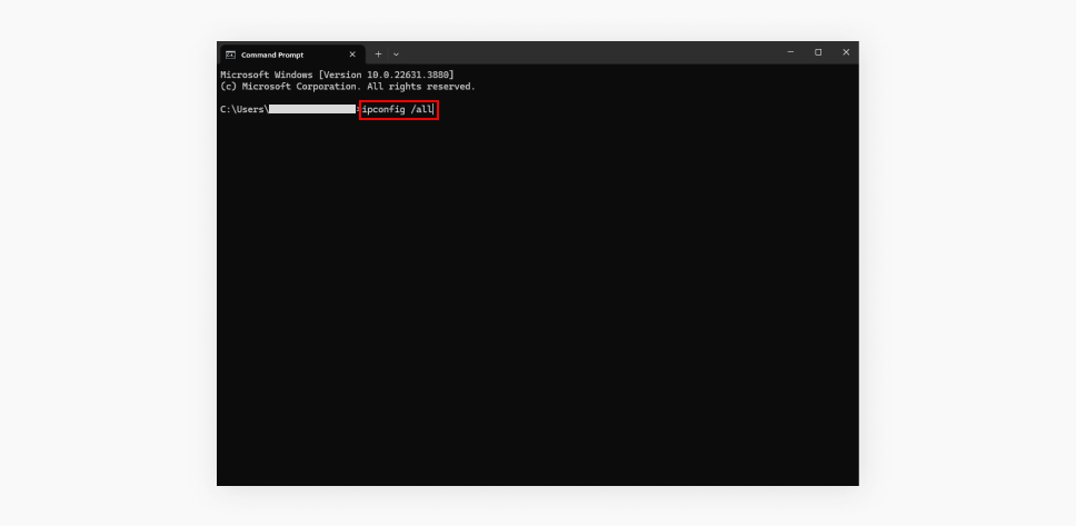 A screenshot showing the Command Prompt app with the text ipconfig /all highlighted.