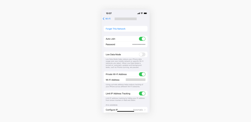 A screenshot showing an iPhones WiFi settings.