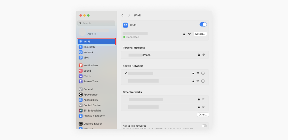 A screenshot showing an Apple computers WiFi settings.