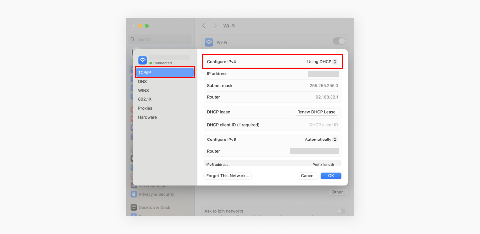 A screenshot showing the TCP IP menu in an Apple computers WiFi settings with configure IPv4 using DHCP highlighted.