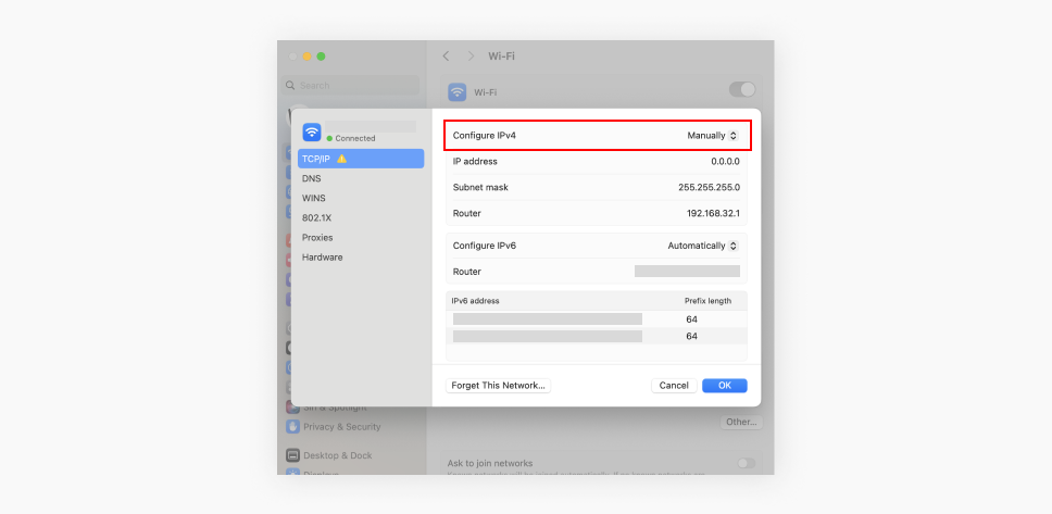 A screenshot showing the TCP IP menu in an Apple computers WiFi settings with configure IPv4 manually highlighted.