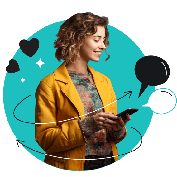 Une femme en veste jaune tenant un smartphone avec deux bulles de dialogue au-dessus.