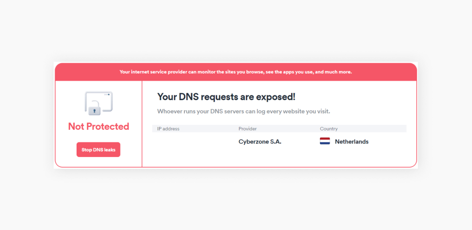 DNS leak test window showing DNS requests as not protected.