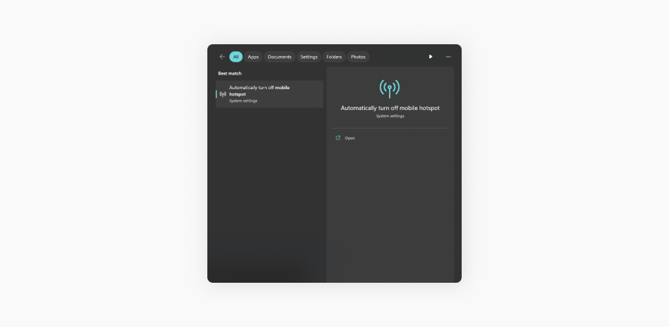 A screenshot of the Windows 11 Search window with the search result showing Automatically turn off mobile hotspot