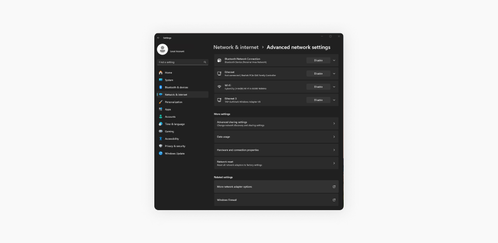 A screenshot of the Windows 11 Advanced network settings under network and internet configuration panel