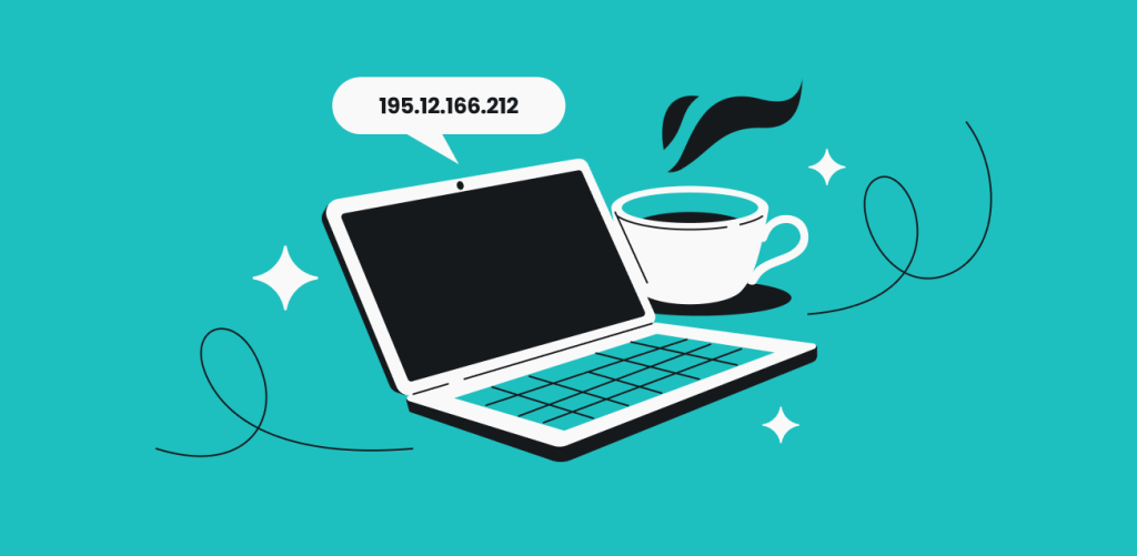 A laptop with an IPv4 IP address on the screen standing next to a hot cup of coffee.