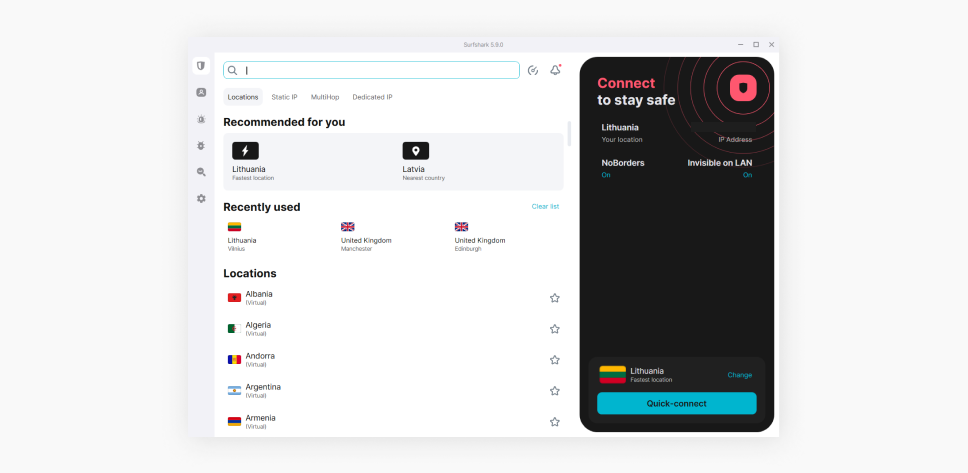 Surfshark main screen, not connected to any server.