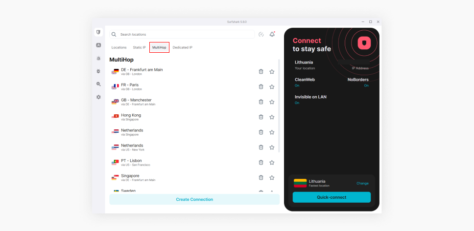 Surfshark app's Multihop tab