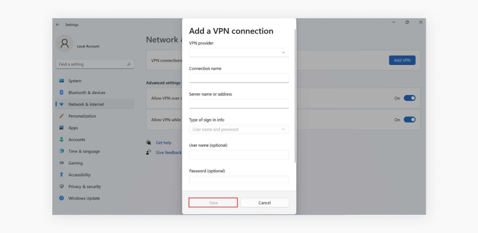 A screenshot of the Add a VPN connection tab in Windows settings, showing input fields and a highlighted Save button.