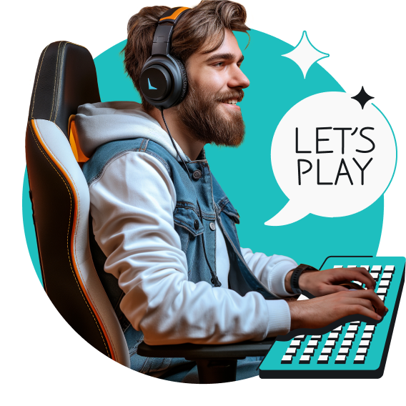 Un homme souriant avec les mains sur le clavier et une bulle de discussion sortant de sa bouche qui dit "jouons."