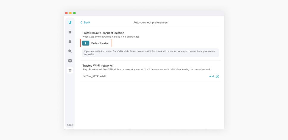 Auto connect preferences menu with Fastest location highlighted.