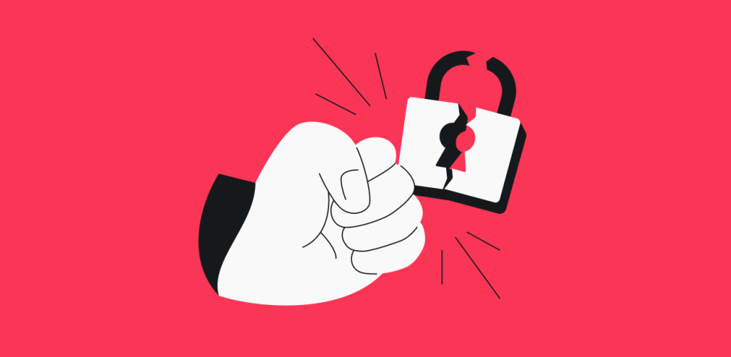A clenched fist punching a padlock that is broken into two pieces.