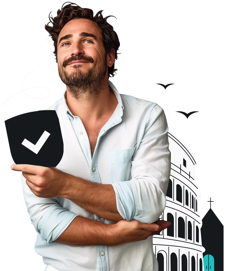 Um homem sorridente segurando um escudo com uma marca de verificação em frente ao Coliseu, uma igreja e dois pássaros.