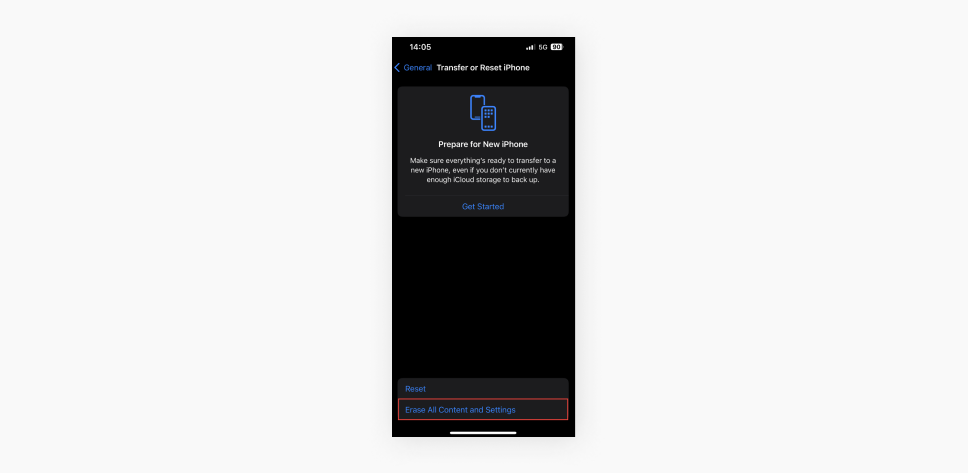 An iphone screenshot of the transfer or reset iphone screen with the erase all content and settings button highlighted.