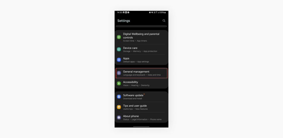An android screenshot of the settings screen with the general management tab highlighted in red.