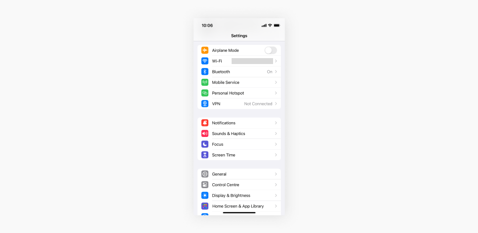 A screenshot showing an iPhones Settings menu.