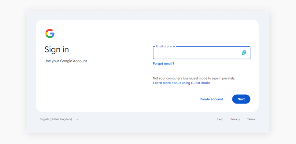 A screenshot showing a Google sign in window with an empty field for email or phone.