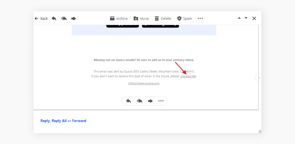 A screenshot showing the bottom of an email from Quora with a red arrow pointing to an unsubscribe link.