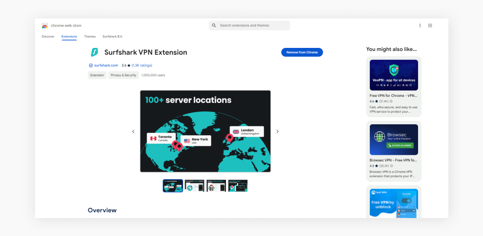 A screenshot of the Chrome web store with Surfshark VPN extension open