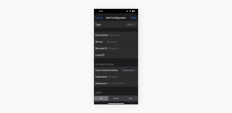 A screenshot of the iPhone Add Configuration menu, with sections dedicated to Authentication and Proxy settings.