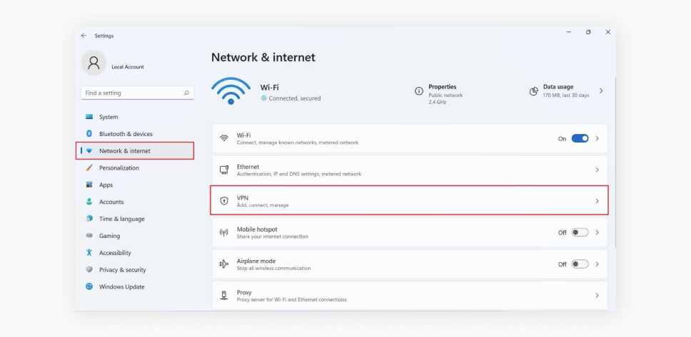 A screenshot showing the Network & internet settings page on a Windows operating system, with the VPN option highlighted.