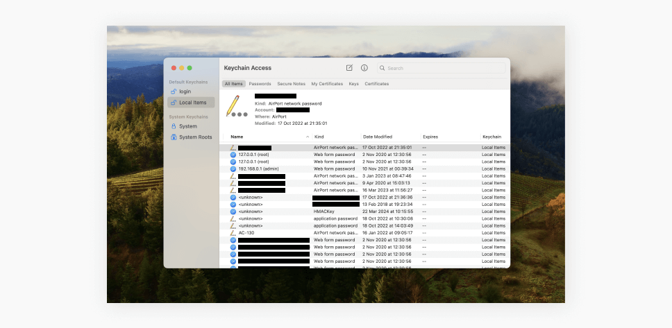 A screenshot showing the Keychain Access window on a macOS computer, containing saved passwords and network details.