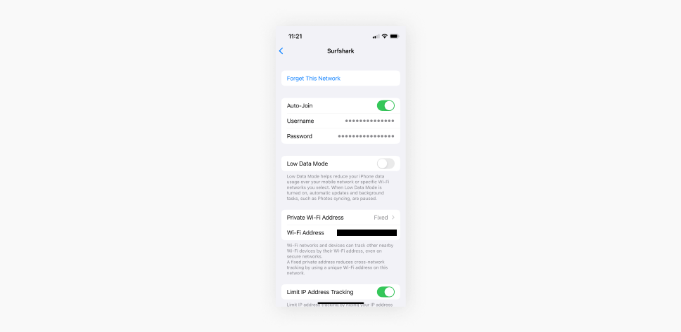 A screenshot showing network details for the connected network with username and password details hidden.