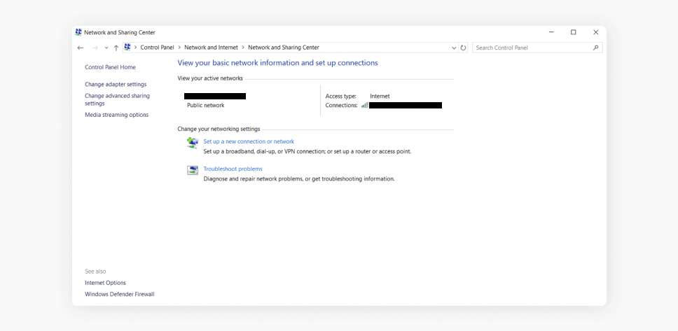 A screenshot showing network information in the Windows Network and Sharing Center.