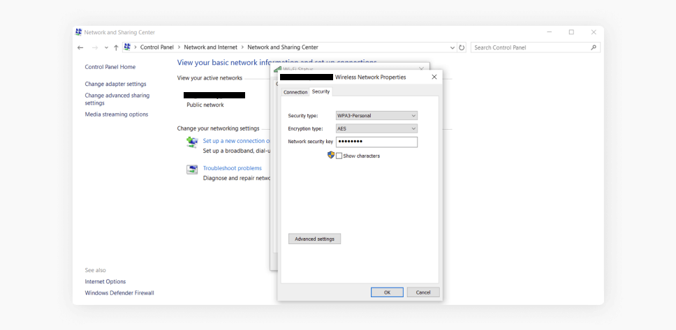 A screenshot showing the Security tab of the Wireless Network Properties window with the Show characters box unchecked.