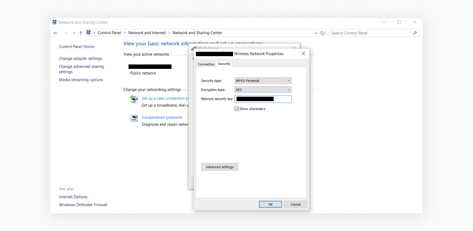 A screenshot showing the Security tab with the Show characters box checked and the password visible.