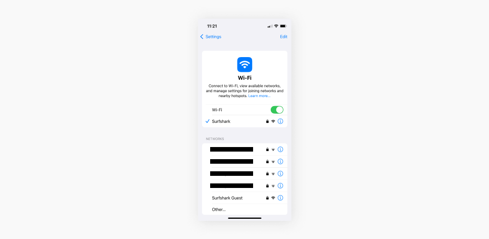 A screenshot showing the iOS Wi-Fi settings screen with the name of the connected network at the top.