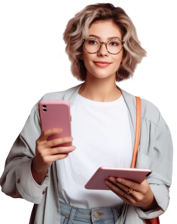Una donna sorridente con i capelli biondi ondulati e gli occhiali tiene in mano uno smartphone rosa e un tablet.