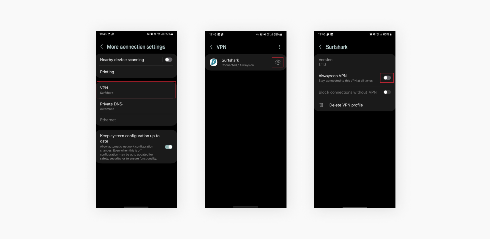 Multiple screenshots demonstrating how to navigate Android settings to disable a VPN.