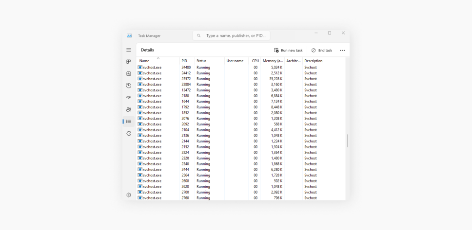 A Windows Task Manager screenshot showing multiple svchost.exe processes with CPU and memory usage details.