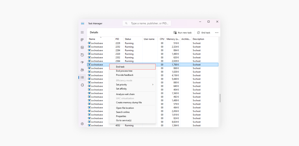 A Task Manager screenshot with multiple svchost.exe processes, highlighting End task in the context menu of one entry.